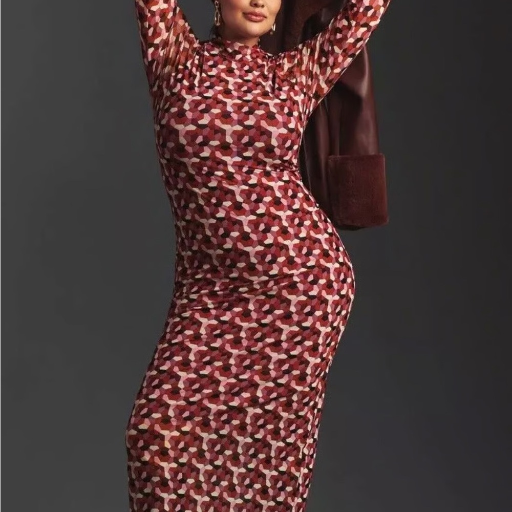 Anthropologie Red and Pink Long Sleeve Dress